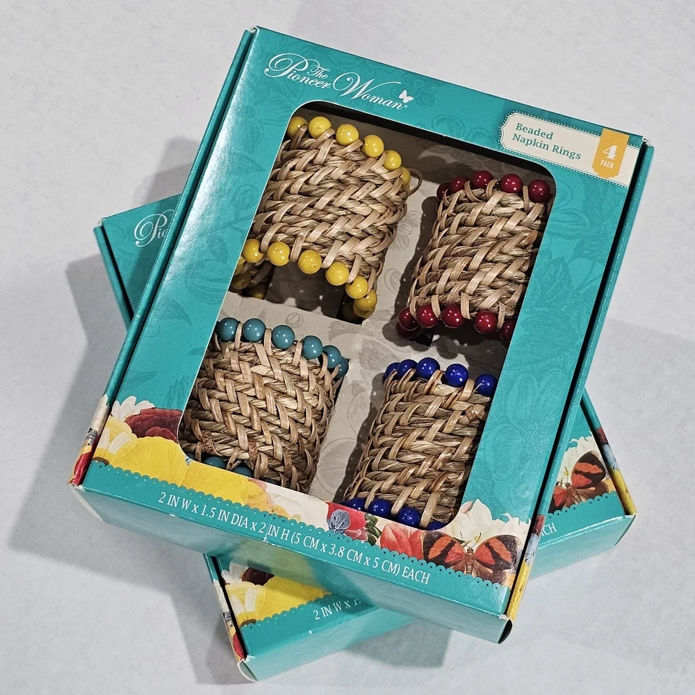 Beaded Rattan Napkin Rings Set of 4 1 Box Pioneer Woman New